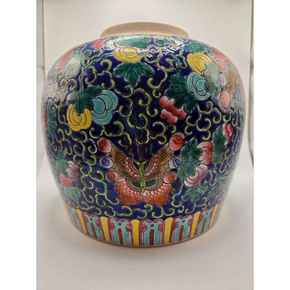 Vintage Chinese Ceramic Vase Blue Floral Butterfly Motif Multicolor Enamel Style - Picture 2 of 11